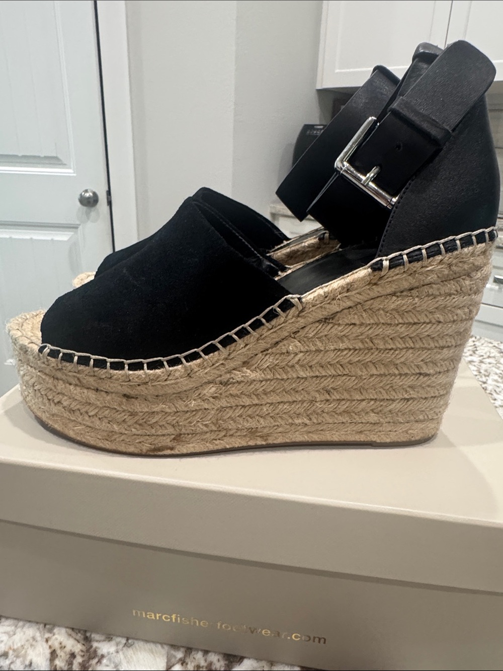 Marc Fisher Black Suede Espadrille Wedge Sandals with Ankle Strap - Picture 6 of 9